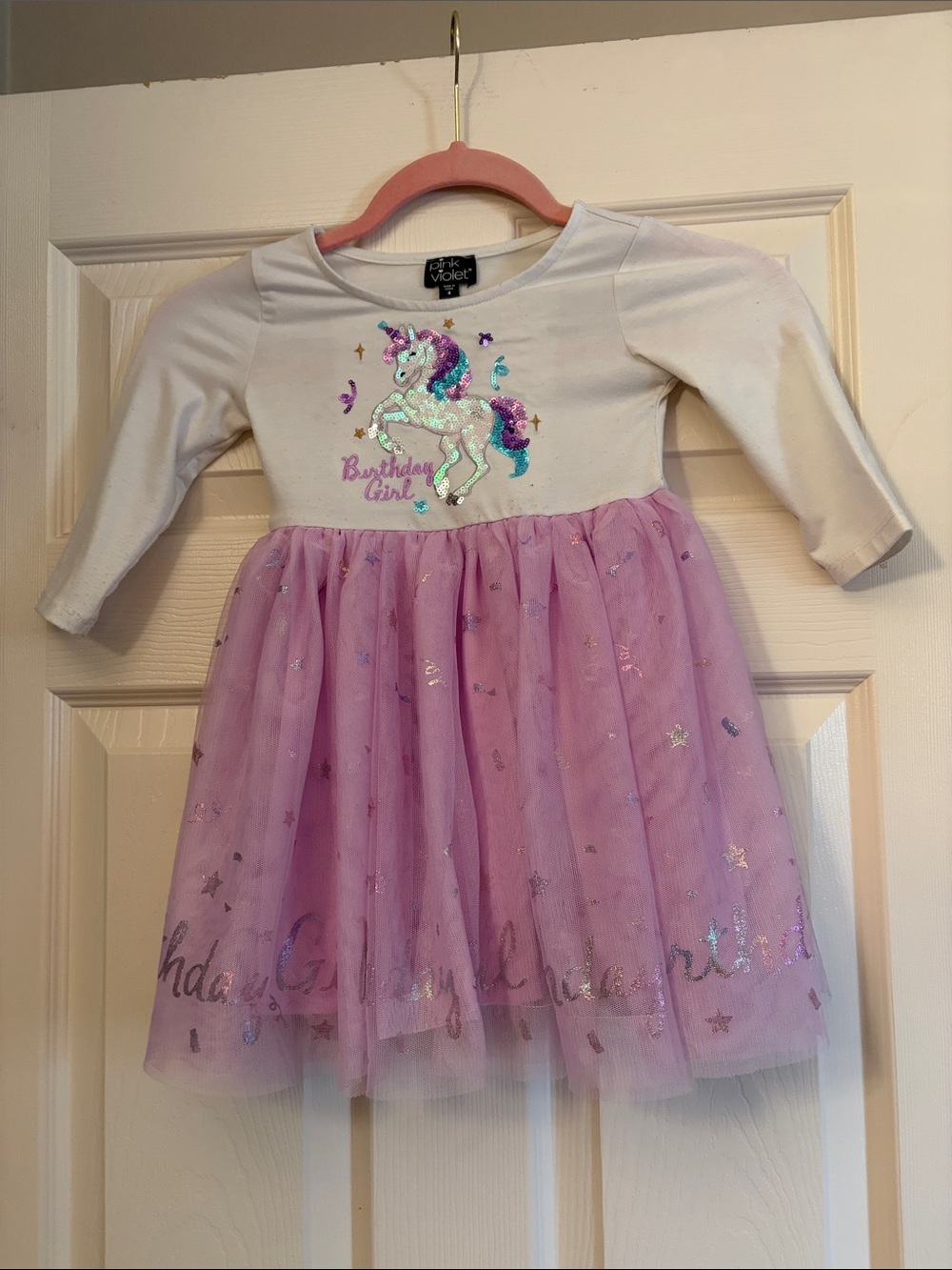 Kids Long Sleeve Unicorn Birthday Girl Dress - White and Light Purple